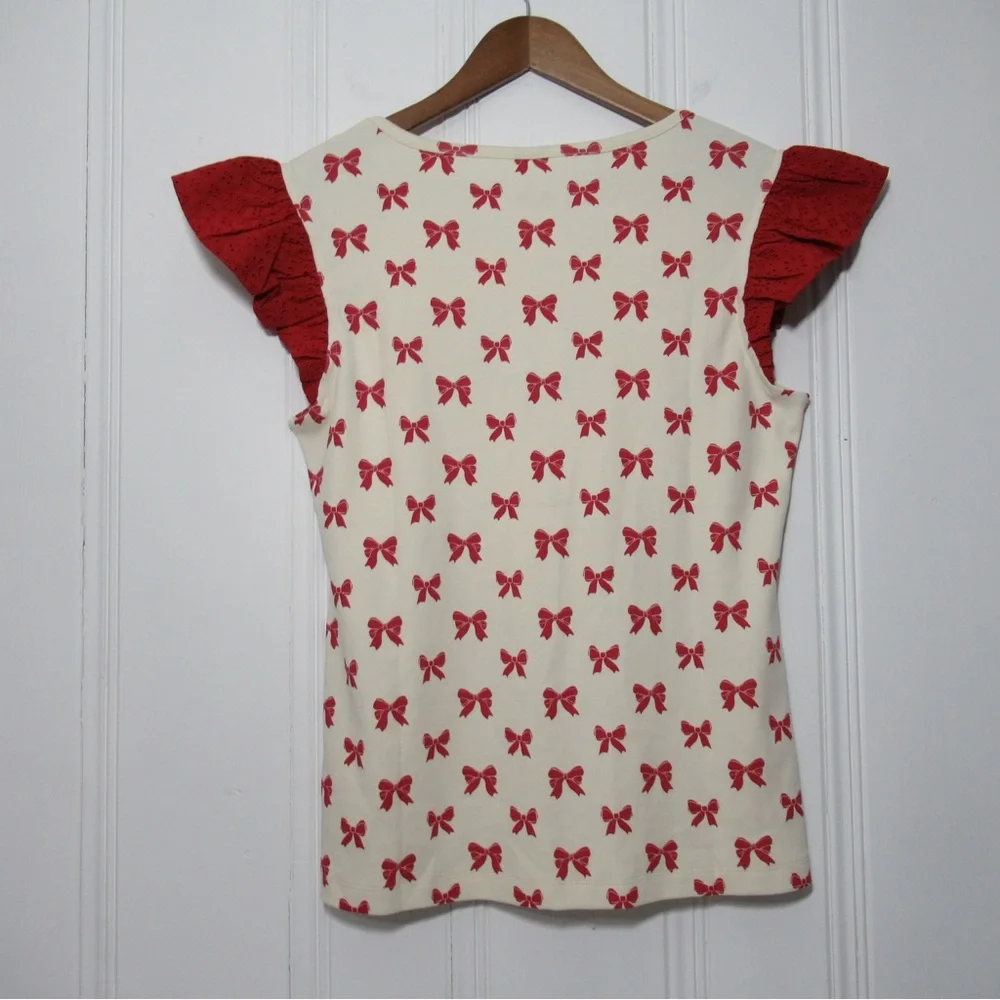 Kate Quinn Organic Cotton Retro Flutter Tee Red Bow Print Size Large - Picture 5 of 14